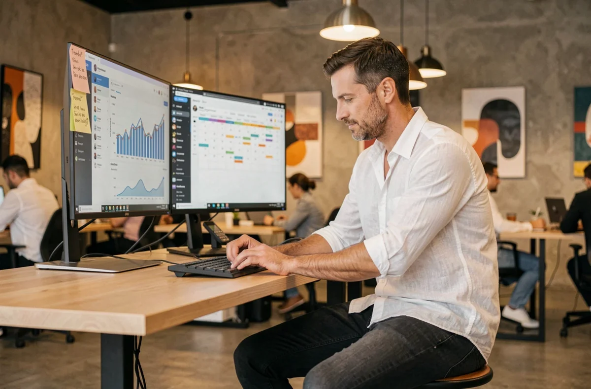 Homme consultant un tableau de bord de données et un calendrier éditorial pour transformer les journées mondiales en idées de posts viraux