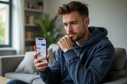 Homme consultant les tarifs Lycamobile 30 euros sur son smartphone dans un appartement moderne