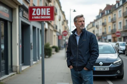 Homme français à côté d'une voiture diesel près d'une zone à faibles émissions
