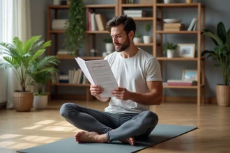 Homme assis en yoga dans un salon moderne