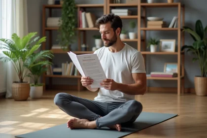 Homme assis en yoga dans un salon moderne