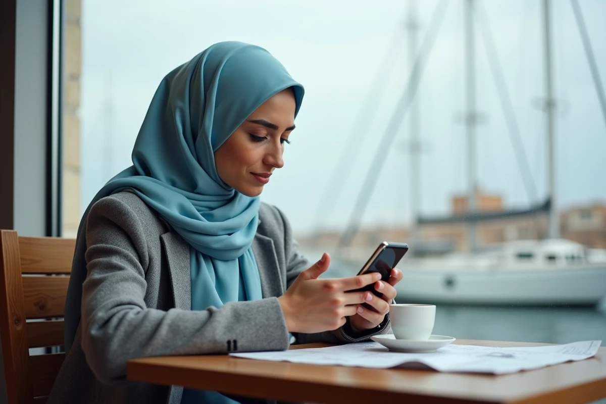 Femme consultant les horaires de prière sur son téléphone au Vieux-Port de Marseille