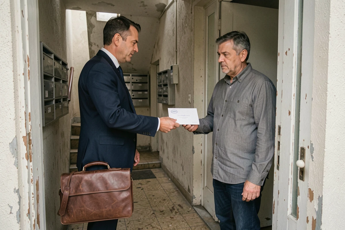 Huissier remettant un document officiel de recouvrement à un particulier à la porte de son domicile