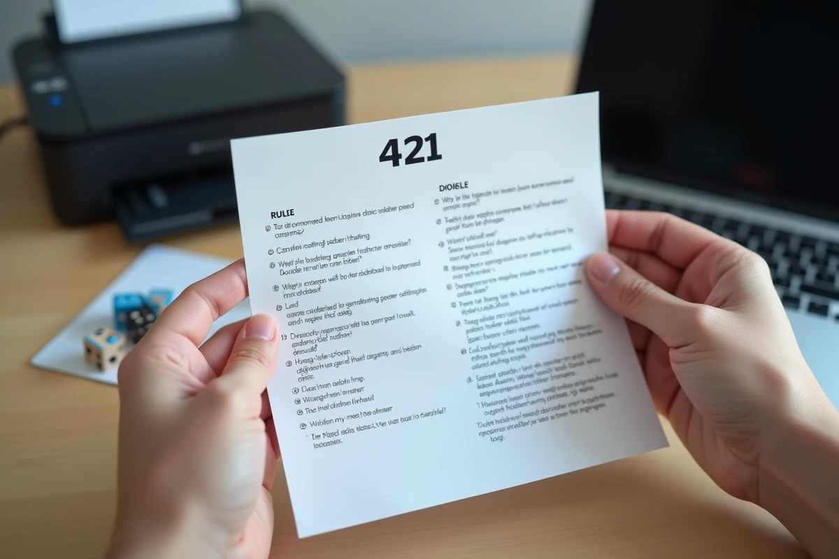 Mains tenant une fiche recto verso des règles du jeu 421 imprimée à domicile