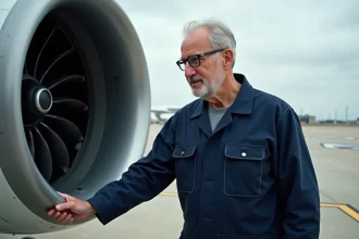 Ingénieur aéronautique inspectant un moteur de jet moderne en extérieur