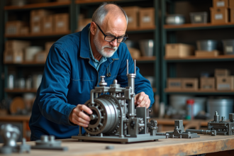 Ingénieur homme examine un prototype de moteur à eau fait maison