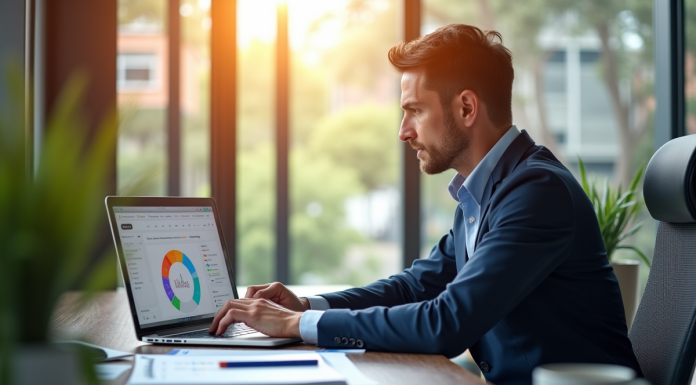 Investisseur professionnel au bureau avec tableau de bord CRM coloré