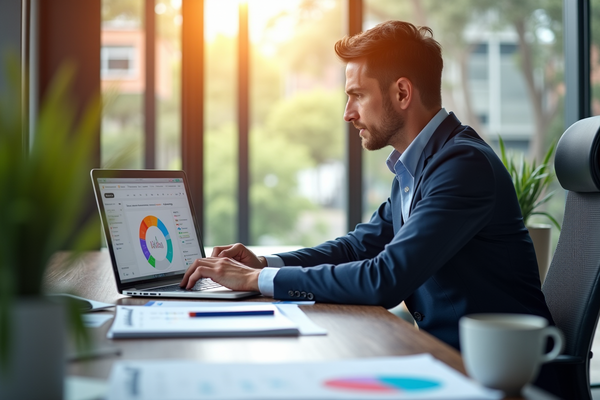 Investisseur professionnel au bureau avec tableau de bord CRM coloré