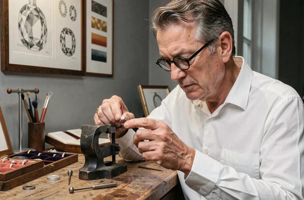 Artisan bijoutier de Jaubalet Paris examinant une bague en diamant sur mesure avec une loupe de joaillier dans son atelier