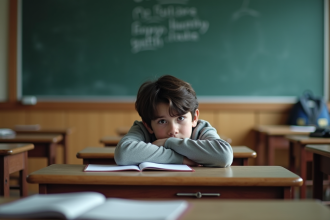 Adolescent triste assis seul à son bureau scolaire