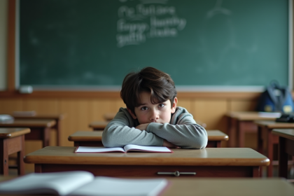 Adolescent triste assis seul à son bureau scolaire