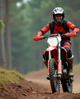 Jeune homme en motocross dans la forêt avec sa moto 250 cc