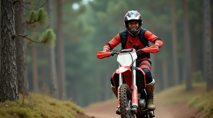 Jeune homme en motocross dans la forêt avec sa moto 250 cc