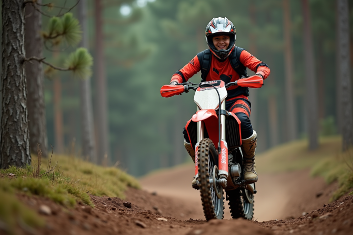 jeune-coureur-motocross-foret Jeune homme en motocross dans la forêt avec sa moto 250 cc