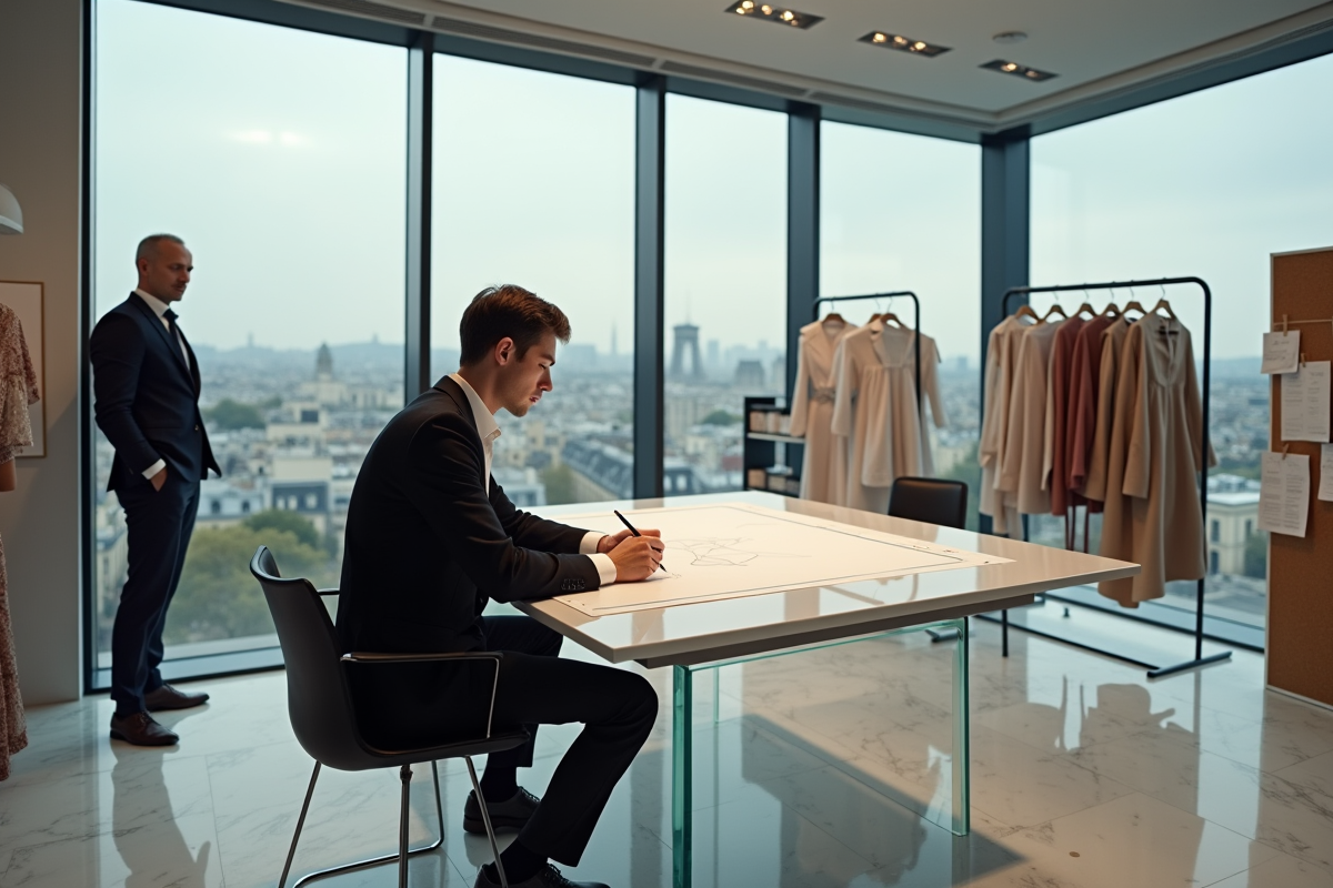 Jeune créateur de mode dessinant une robe dans son atelier parisien