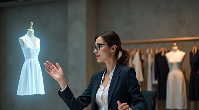 Jeune designer mode avec hologramme de robe innovante