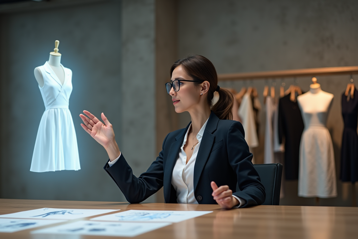 Jeune designer mode avec hologramme de robe innovante