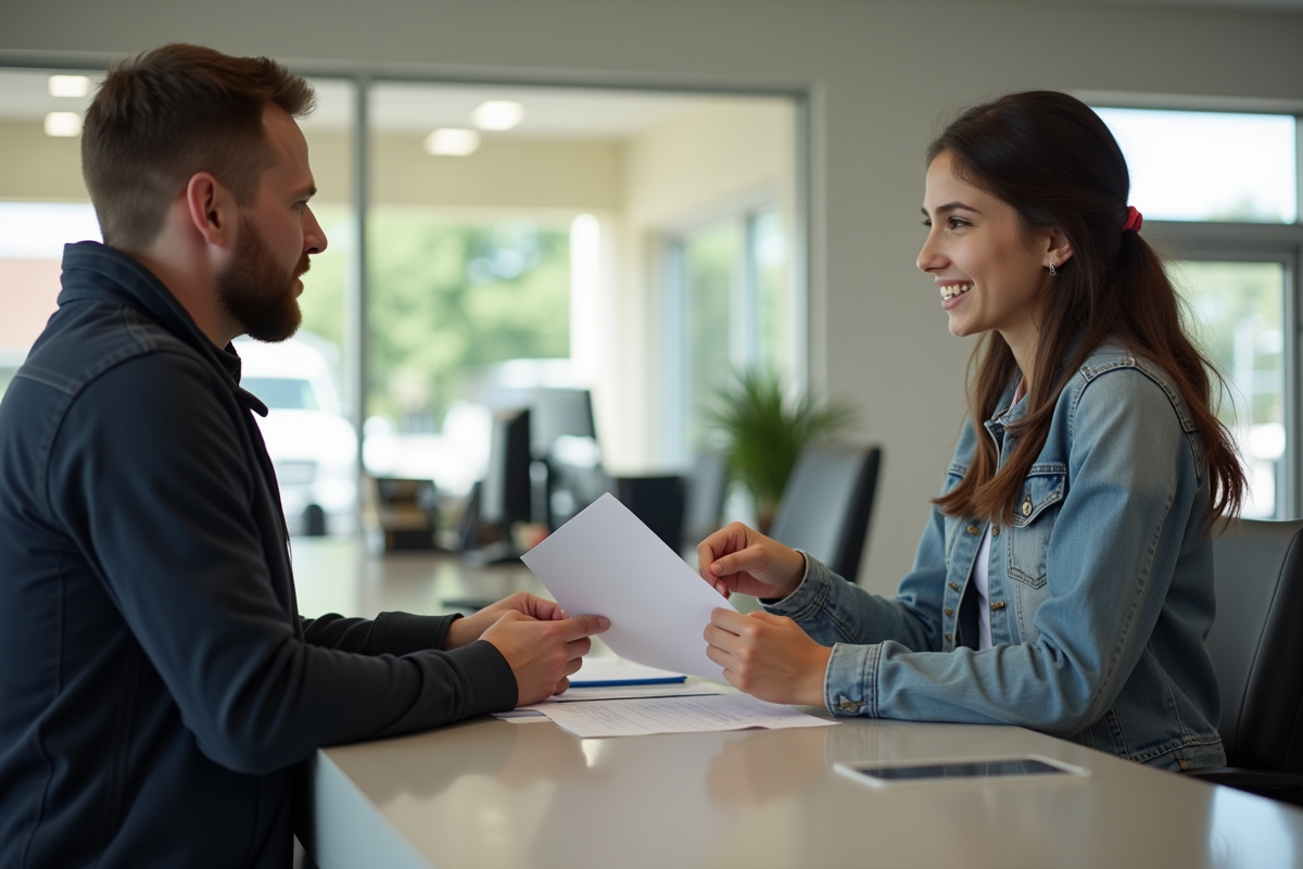 Adolescent remettant des papiers à un instructeur à l'école de conduite