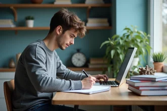 Jeune étudiant en physique scribant dans un bureau moderne