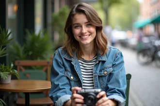 Jeune femme souriante avec un appareil photo réutilisable en main