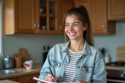Jeune femme souriante &eacute;crit dans un carnet en cuisine