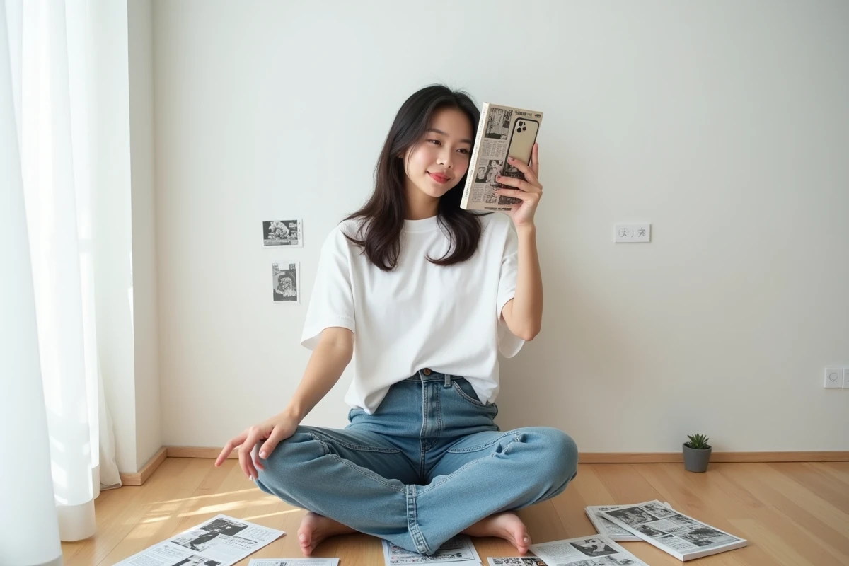Jeune femme fan partageant le manga Mojiro Scan sur les réseaux sociaux depuis chez elle