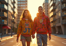 Jeune femme et homme en streetwear dans la ville au coucher de soleil