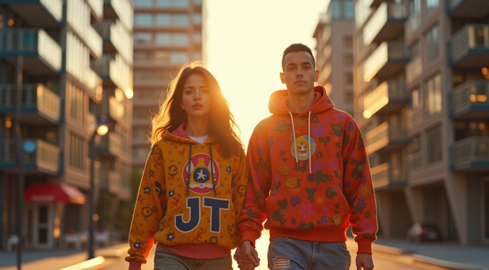 Jeune femme et homme en streetwear dans la ville au coucher de soleil