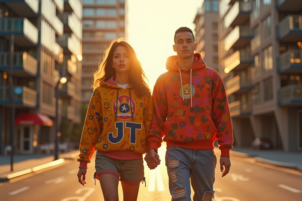Jeune femme et homme en streetwear dans la ville au coucher de soleil