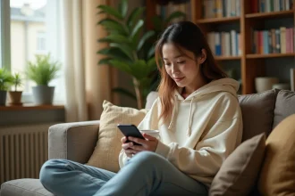 Jeune femme lisant un webtoon sur smartphone dans un appartement cosy, accro à la lecture de manhwa sur application mobile