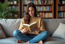 Jeune femme lisant un roman dans un salon cosy