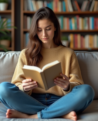 Jeune femme lisant un roman dans un salon cosy