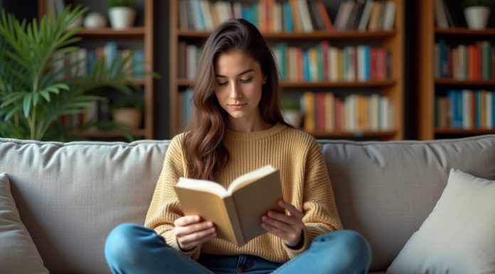 Jeune femme lisant un roman dans un salon cosy
