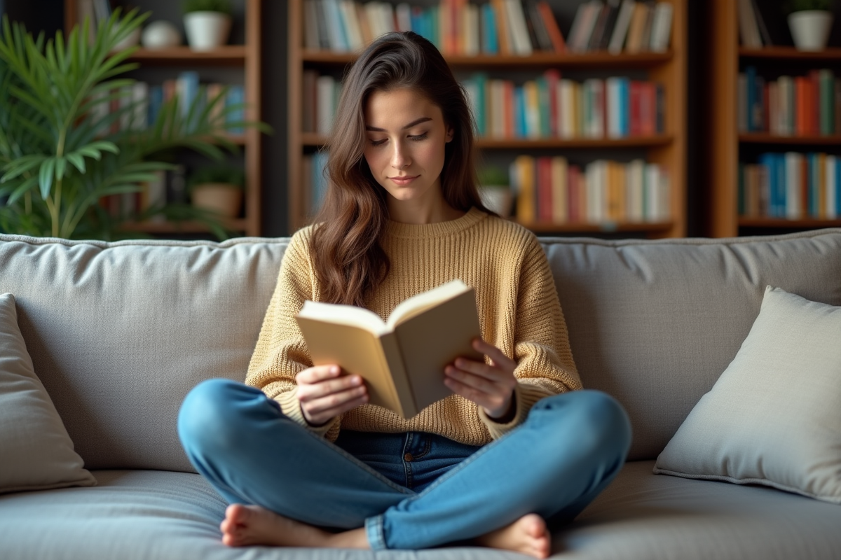 Jeune femme lisant un roman dans un salon cosy