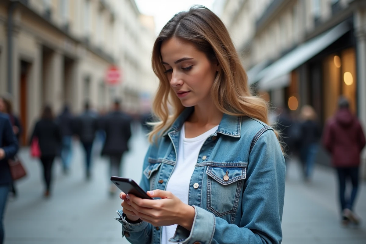Jeune femme dans la rue vérifiant le coût d'un appel au 118 712 sur son téléphone portable