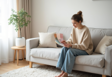 Jeune femme scandinave choisissant des échantillons de couleurs dans un salon lumineux