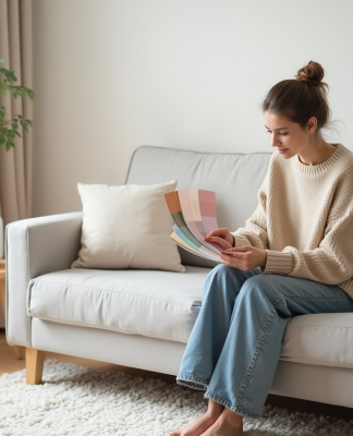 Jeune femme scandinave choisissant des échantillons de couleurs dans un salon lumineux
