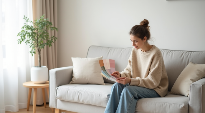 Jeune femme scandinave choisissant des échantillons de couleurs dans un salon lumineux
