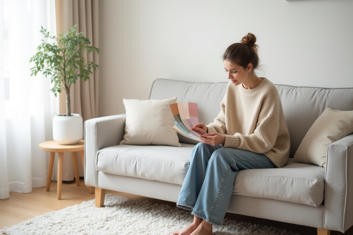 Jeune femme scandinave choisissant des échantillons de couleurs dans un salon lumineux