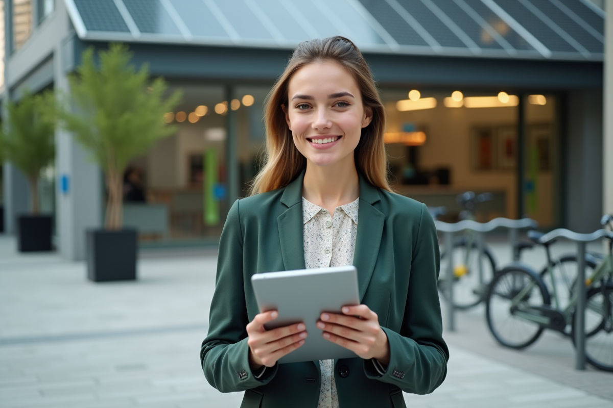 Jeune femme avec tablette devant une banque écologique