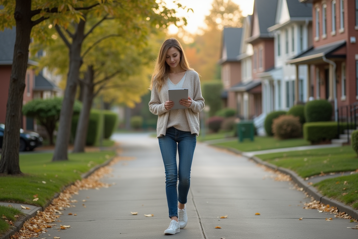 Jeune femme examine un document de zonage sur une tablette en suburb