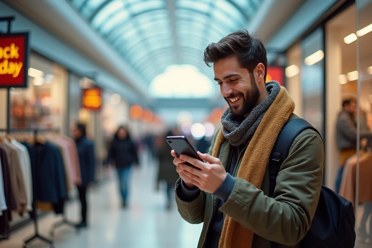 Jeune homme scannant une application de prix en magasin