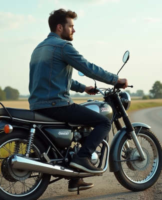 Jeune homme en denim sur une moto Honda 125 Dax en campagne