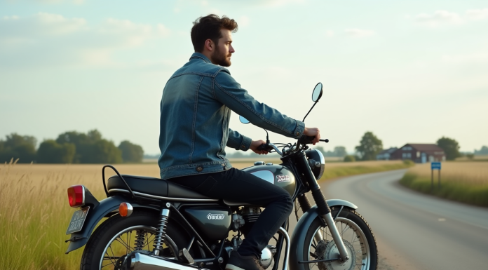 Jeune homme en denim sur une moto Honda 125 Dax en campagne