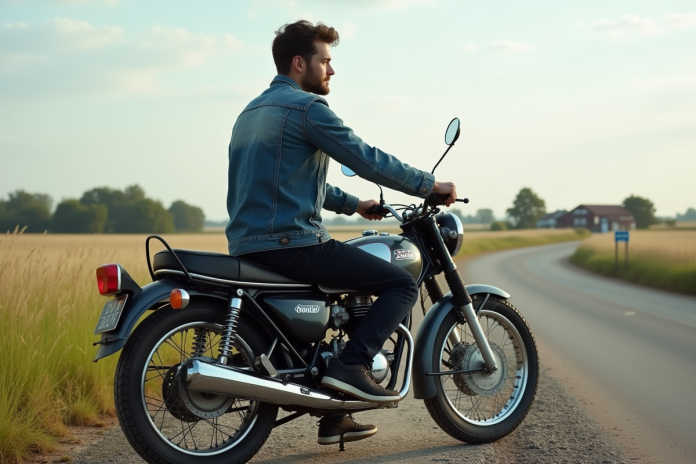 jeune-homme-moto-honda-125dax Jeune homme en denim sur une moto Honda 125 Dax en campagne