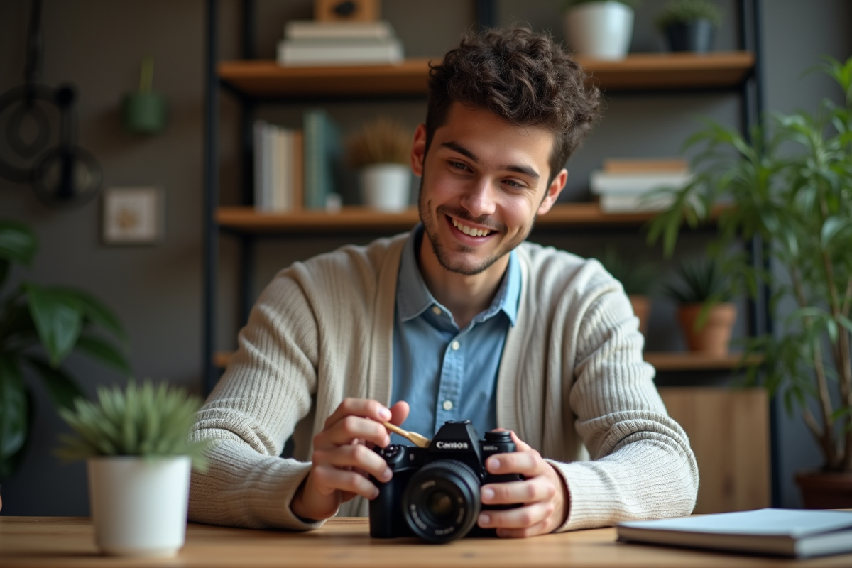 Jeune homme nettoyant un capteur de caméra intérieur