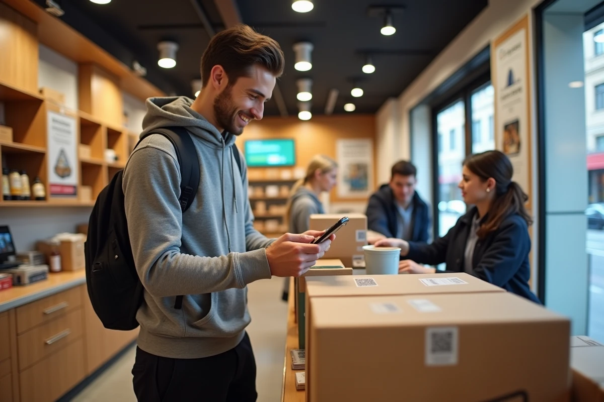 Jeune homme scannant un QR dans un magasin de colis