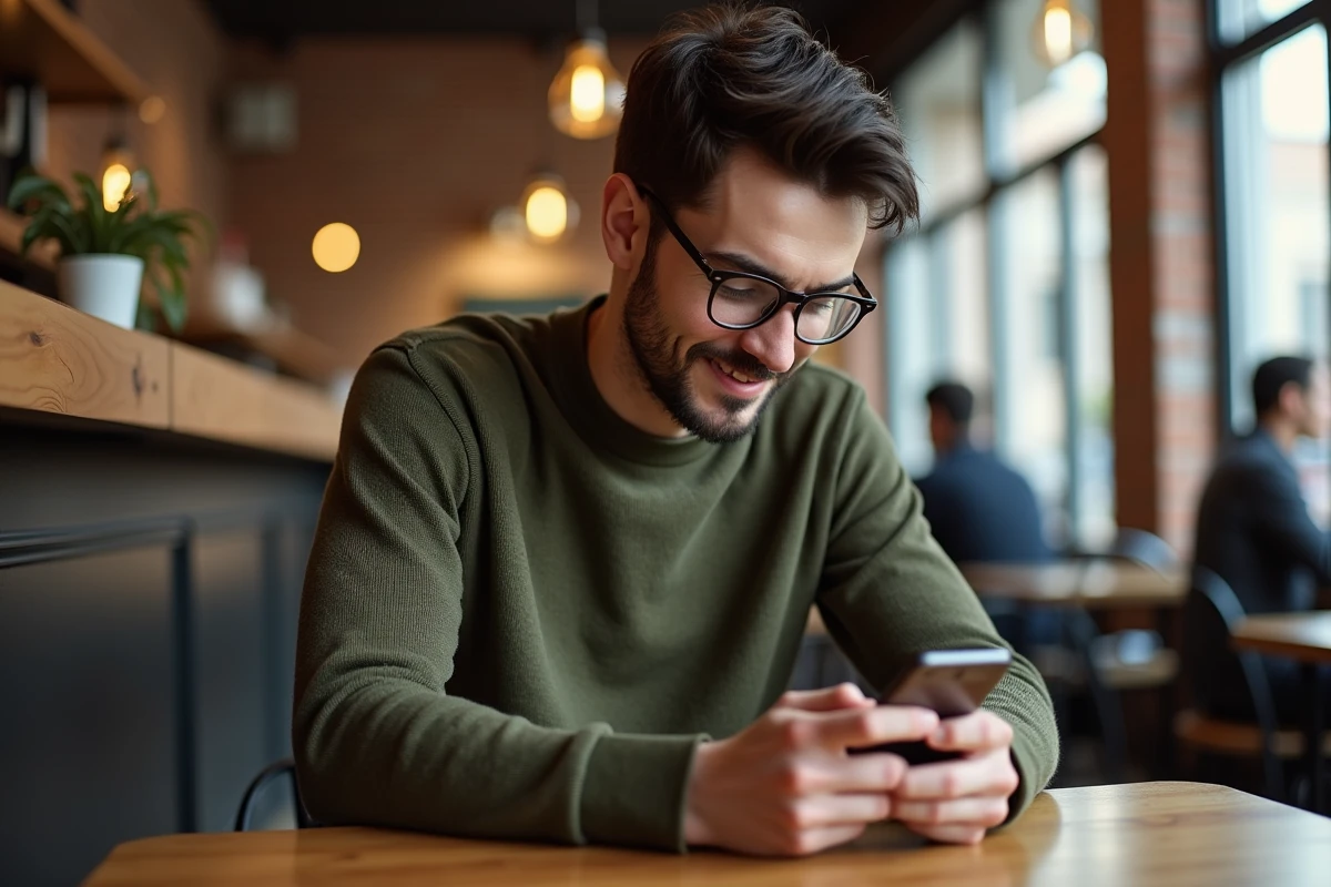 Jeune homme avec lunettes qui regarde son téléphone au café