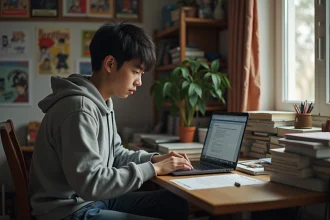 Jeune homme concentré travaillant sur manga dans sa chambre