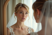 Jeune mariée aux cheveux courts examine sa coiffure dans un miroir lumineux